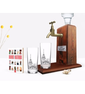 BK Gift Kişiye Özel Renkli Baskılı Kız Kulesi Tasarımlı İkili Rakı Bardağı Ahşap Rakı Standı ve Cep Kitabı Hediye Seti-1 (Model 1)