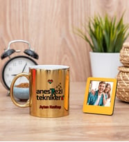 Anestezi Teknikeri Gold Kupa Bardak ve Sarı Mini Fotoğraf Çerçevesi