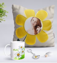 BK Gift Kişiye Özel Fotoğraflı Papatya Yastık Kupa ve Silver Papatya Anahtarlık-7 (Model 1)
