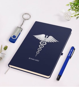 BK Gift Kişiye Özel Tıp Sembolü Temalı Lacivert Defter Kalem 32gb USB Bellek Hediye Seti-1 (Model 1)