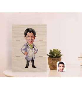 BK Gift Kişiye Özel Erkek Doktor Karikatürlü Otantik Masaüstü Ahşap Palet Çerçeve-1 (Beyaz)