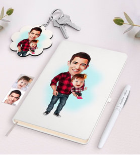 BK Gift Kişiye Özel Baba Kız Karikatürlü Beyaz Defter Kalem ve Anahtarlık Hediye Seti-2 (Model 1)