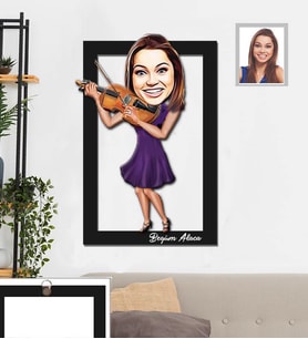 Kişiye Özel Kemancı Karikatürlü 3D Ahşap Tablo 30x47  Bayan-1