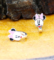 Mineli Pembe Kurdeleli Bayan Mickey Küpe 925 Ayar Gümüş Altın Kaplama