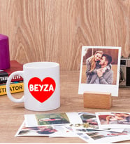 İsim Yazılı Kalpli Beyaz Kupa Bardak ve Ahşap Standlı Polaroid Set