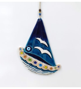Seramik Gemi Martı ve Nazarlıklı Dekoratif Duvar Süsü 28x36 cm