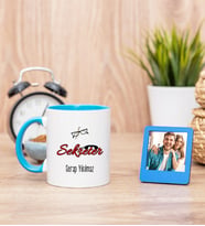 Sekreter Mavi Kupa Bardak ve Mavi Mini Fotoğraf Çerçevesi