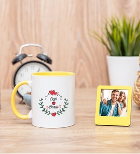Sevgiliye Hediye İsim ve Kalpli Sarı Kupa Bardak ve Sarı Mini Fotoğraf Çerçevesi