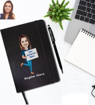 Kişiye Özel Bayan Karikatürlü Siyah Defter Kalem Hediye Seti Model-12