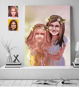 BK Gift Kişiye Özel Kız Kardeşler Karikatürlü Kanvas Tablo 70x100cm-2