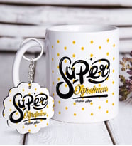 BK Gift Kişiye Özel Süper Öğretmen Beyaz Kupa ve Anahtarlık Hediye Seti-1 (Model 1)