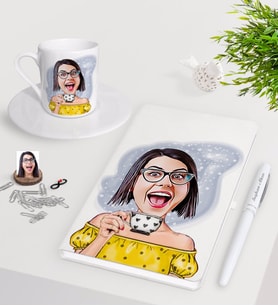 BK Gift Kişiye Özel Bayan Karikatürlü Beyaz Defter Kalem Türk Kahvesi Fincanı Seti-48 (Model 1)