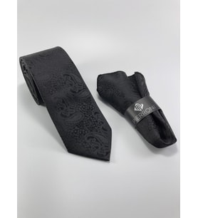PİERRONİ SİYAH ŞAL DESEN MENDİLLİ KRAVAT