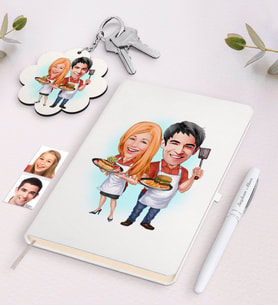 BK Gift Kişiye Özel Aşçı Çift Karikatürlü Beyaz Defter Kalem ve Anahtarlık Hediye Seti (Model 1)