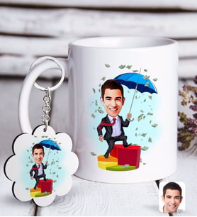 BK Gift Kişiye Özel Erkek Bankacı Karikatürlü Beyaz Kupa ve Anahtarlık Hediye Seti-3 (Model 1)