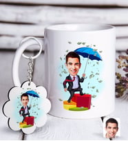 BK Gift Kişiye Özel Erkek Bankacı Karikatürlü Beyaz Kupa ve Anahtarlık Hediye Seti-3 (Model 1)