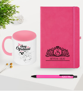 BK Gift Kişiye Özel Sınıf Öğretmeni Temalı Pembe Defter Kalem Kupa Seti - 1