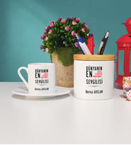 Sevgili Tasarımlı Kişiye Özel Sevgililer Günü Hediyesi Türk Kahvesi Fincanı ve Kalemlik Hediye Seti