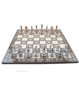 Metal Klasik Satranç Takımı Antik  ve Katlanır Sedef Desenli MDF Ahşap Satranç Tahtası (43x43 cm.)