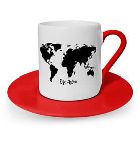 BK Gift Kişiye Özel World Map Tasarımlı Kırmızı Türk Kahvesi Fincanı  1