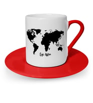 BK Gift Kişiye Özel World Map Tasarımlı Kırmızı Türk Kahvesi Fincanı  1