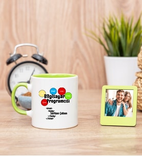 Bilgisayar Programcısı Yeşil Kupa Bardak ve Yeşil Mini Fotoğraf Çerçevesi
