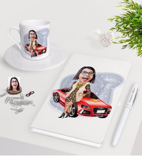 BK Gift Kişiye Özel Bayan Patron Karikatürlü Beyaz Defter Kalem Türk Kahvesi Fincanı Seti-2 (Model 1)