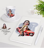 BK Gift Kişiye Özel Bayan Patron Karikatürlü Beyaz Defter Kalem Türk Kahvesi Fincanı Seti-2 (Model 1)