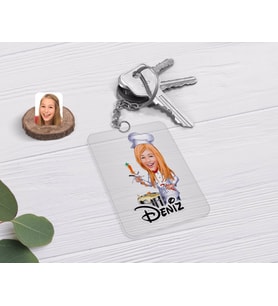 BK Gift Kişiye Özel Kadın Chef Karikatürlü Şeffaf Pleksi Anahtarlık (Beyaz)