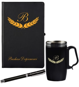 Kişiye Özel Hazırlanmış Hediye Siyah Defter Kalem Ve Termos - Mug Seti