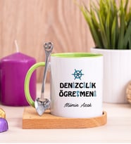 Denizcilik Öğretmeni Ahşap Altlıklı Yeşil Kupa Bardak