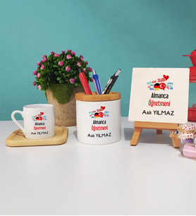 Mesajlı Almanca Öğretmeni Hediye Ahşap Altlıklı Türk Kahvesi Fincanı Kalemlik Dekoratif Taş Baskı Hediye Seti