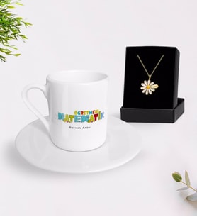 BK Gift Kişiye Özel Matematik Öğretmeni Türk Kahvesi Fincanı ve İsimli Papatya Kolye Hediye Seti-2 (Model 1)