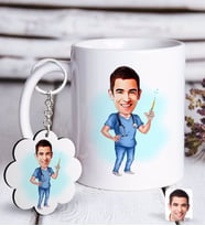 BK Gift Kişiye Özel Erkek Doktor Karikatürlü Beyaz Kupa ve Anahtarlık Hediye Seti-3 (Model 1)