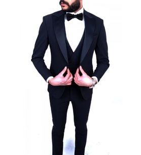 JJan Carlucci Slim Fit Tek Düğme-Sivri Yaka-Çift Yırtmaç Düz Lacivert Drop 6 Damatlık Smokin - Full Set Yelek, Gömlek, Papyon