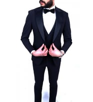 JJan Carlucci Slim Fit Tek Düğme-Sivri Yaka-Çift Yırtmaç Düz Lacivert Drop 6 Damatlık Smokin - Full Set Yelek, Gömlek, Papyon