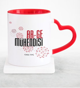BK Gift Kişiye Özel Mesleki Arge Mühendisi Kırmızı Kalpli Kupa Bardak  1
