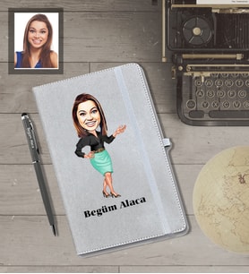 Kişiye Özel İş Kadını Karikatürlü Gri Defter Kalem Hediye Seti  Bayan-15