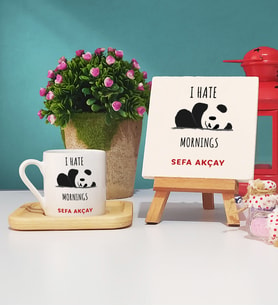 Sevimli Panda Ahşap Altlıklı Türk Kahvesi Fincanı ve Dekoratif Taş Baskı