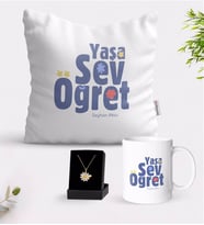 BK Gift Kişiye Özel Yaşa Sev Öğret Beyaz Kupa Yastık ve İsimli Papatya Kolye Hediye Seti-2 (Model 1)