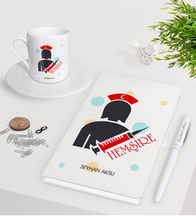 BK Gift Kişiye Özel Hemşire Beyaz Defter Kalem Türk Kahvesi Fincanı Seti-3 (Model 1)