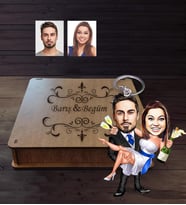 Kişiye Özel Gelin Damat Karikatürlü Ahşap Anahtarlık Kutulu  Mod-5