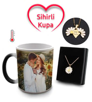 Kişiye Özel Fotoğraflı Sihirli Kupa & Açılır Papatya Kalp Kolye Hediye Seti