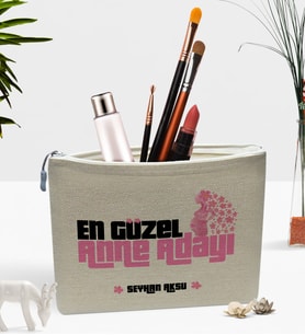 BK Gift Kişiye Özel En Güzel Anne Adayı Keten Makyaj Çantası - 1 (Bej)