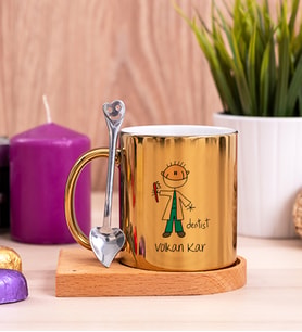 Erkek Diş Hekimi Karikatürü Ahşap Altlıklı Gold Kupa Bardak