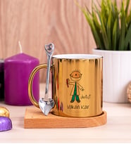 Erkek Diş Hekimi Karikatürü Ahşap Altlıklı Gold Kupa Bardak