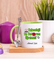 Teknoloji ve Tasarım Öğretmeni Ahşap Altlıklı Yeşil Kupa Bardak
