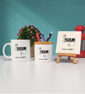 Yazılım Mühendisi Tasarımlı Kişiye Özel Hediye Yazılım Mühendisi Kupa Bardak Kalemlik ve Dekoratif Taş Baskı Seti