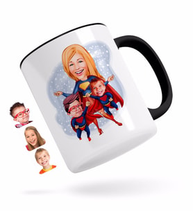 BK Gift Kişiye Özel Süper Anne ve Çocuklar Karikatürlü Siyah Kupa Bardak