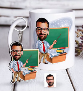 BK Gift Kişiye Özel Bay Öğretmen Karikatürlü Beyaz Kupa ve Anahtarlık Hediye Seti-1 (Model 1)